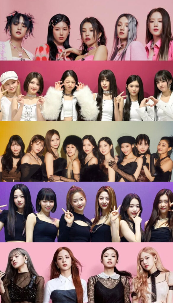 (G)I-DLE

IVE

TWICE

LE SSERAFIM

BLACKPINK